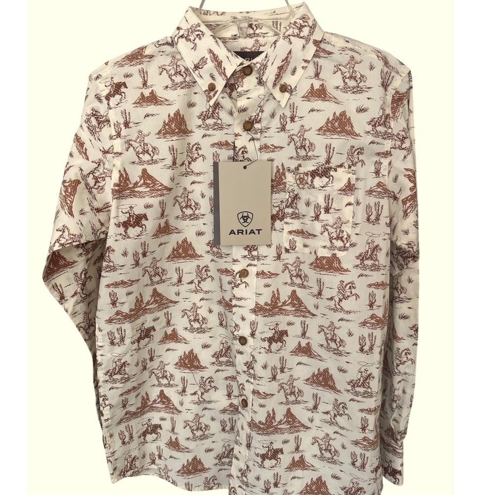 Ariat Boys' Conversation Print Long Sleeve Button-Down Western Shirt cream 10-12 - Picture 4 of 9